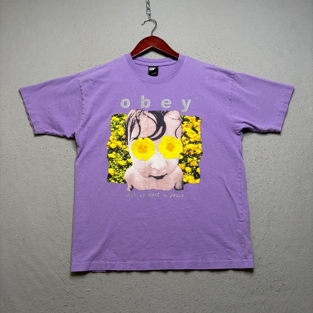 Obey Graphic T-Shirt Mens Small Purple What We Want Is Peace Y2K Streetwear Tee